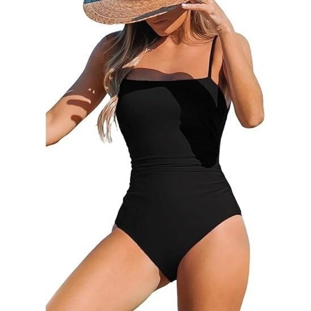 Cupshe Black Ruched One Piece Swimsuit Tummy Control Square Neck NWT Large